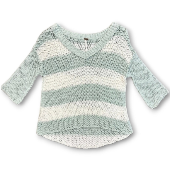 Free People Park Slope Mint & Ivory Striped Oversized Slouchy Hi-Low Sweater, XS - Picture 14 of 16